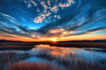 Obraz premium Wildlife Refuge at Back Bay National. Sunset over Marsh with Blue Skies
