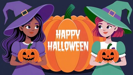 Fototapeta premium Happy Halloween celebration. Cute cartoon style. Halloween festive scene. Seasonal greeting. For holiday decoration, event promotions, poster design.