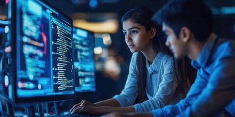 Two indian people are working on a computer screen with a lot of code on it
