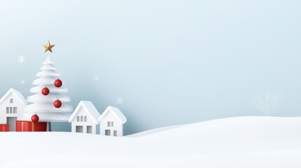 Fototapeta premium A classic Christmas card with a snowy winter landscape, featuring a decorated tree, snow-covered houses, and space for holiday wishes.