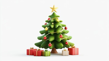 A Christmas tree clipart decorated with ornaments, lights, and a star, surrounded by presents.
