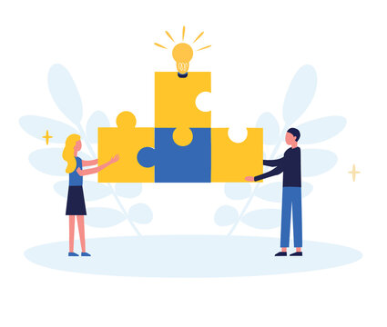 Business concept. Team metaphor. People connect puzzle elements. Flat illustration in flat design style. Teamwork, collaboration, partnership. Businessmen working together and moving towards success.