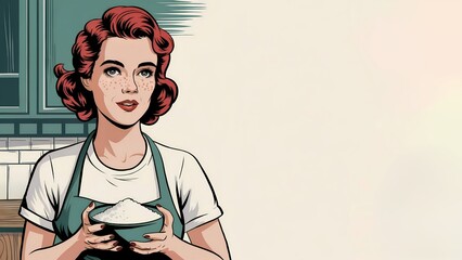 Retro pop art style illustration of a woman with red hair and freckles holding a bowl in a kitchen setting. Baking or cooking concept with copy space for design, advertising, or print projects.