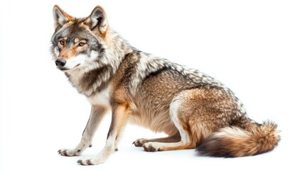 Fototapeta premium Wolf Isolated: Majestic Animal with Fluffy Tail in the White Wilderness