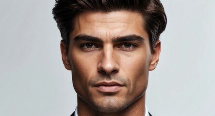 Fototapeta premium Close up of a striking brunette male model with chiseled features on a clean white background
