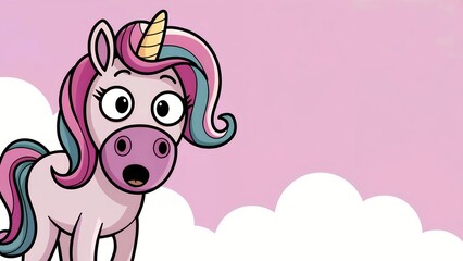 Cute surprised cartoon unicorn on a pink background with clouds. Whimsical illustration, magic and fairy tale concept. For children's book, card, poster, banner with copy space.