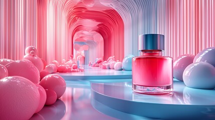 Render a vibrant beauty product shot with abstract colorful shapes and dynamic lighting in a studio environment