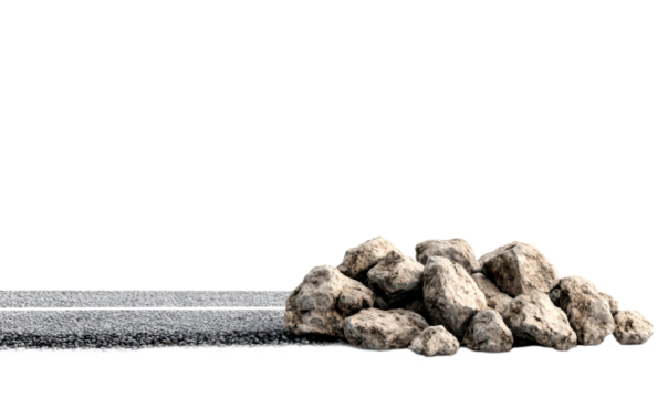 Pile of rocks on a gravel surface on the road, construction themes isolate on transparent background, png, cutout