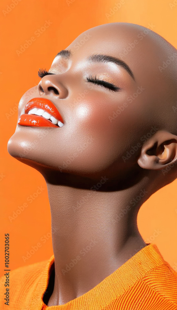 Wall mural portrait of a black woman with a shaved and orange lipstick 