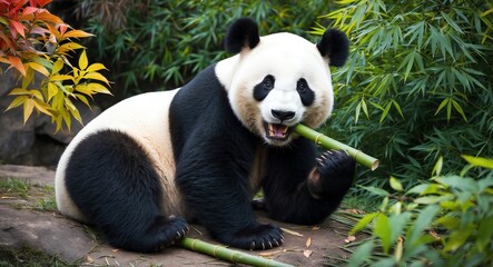 Obraz premium Cuddly panda bear relaxing and chewing on bamboo surrounded by colorful foliage