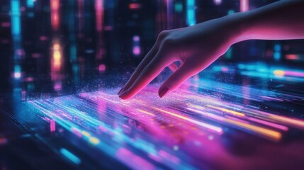 A futuristic hand touches a vibrant, digital interface emanating colorful light trails in a technology-themed environment.