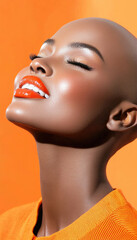 portrait of a black woman with a shaved and orange lipstick 