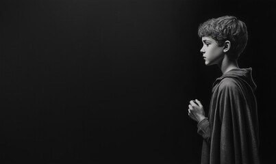 A young boy standing in profile, with one hand against a dark copyscpace background ready for theatre performace and role recitation or act a part on black copyspace background