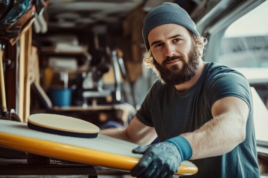 Yacht Work. Portrait of Mature Man Polishing Surfing Board in Modern Workshop