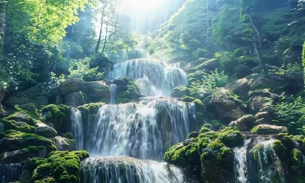 Waterfall with a mossy rock wall. The water is flowing down the rocks and the moss is covering the rocks. The scene is peaceful and serene. hyperrealistic Video