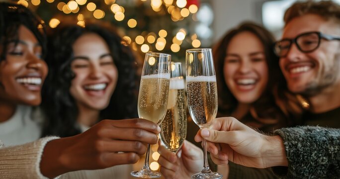 Diverse friends celebrate with champagne among soft-focused Christmas decorations.