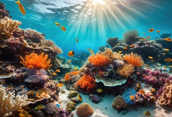 stunning close capture vibrant coral reef ecosystem showcasing diverse marine life crystal clear waters, underwater, ocean, colors, fish, plants