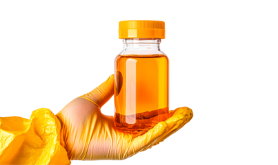 Orange liquid in a glass vial held by a gloved hand isolate on transparent background, png, cutout