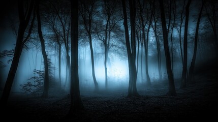 Spooky forest scene at night with eerie fog and ghostly blue lights illuminating the trees. The haunted atmosphere creates a chilling horror background perfect for Halloween or any creepy concept, wit
