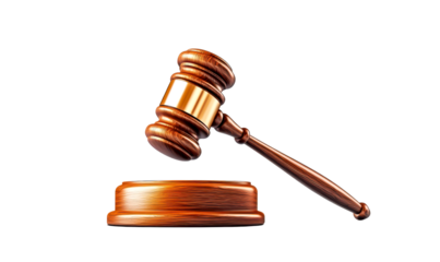 Wooden gavel rests on a block, symbolizing justice and authority, isolate on transparent background, png, cutout