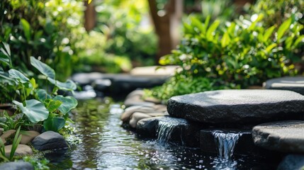 Fototapeta premium A detailed shot of a tranquil garden featuring a flowing stream and lush greenery.