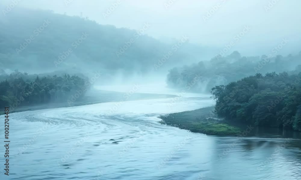 Poster river with a misty fog in the background. the water is calm and the trees are lush. hyperrealistic v