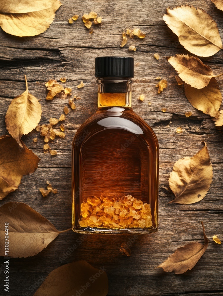 Poster a close-up view of a whiskey bottle surrounded by autumn leaves on rustic wooden surface, highlighti
