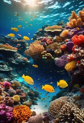 stunning close vibrant coral reef showcasing diverse marine life bright colors intricate patterns, aquatic, underwater, colorful, fish, ocean, sea