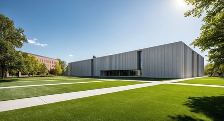 Fototapeta premium Exterior view of a minimalist gray university building with manicured lawns under a sunny sky