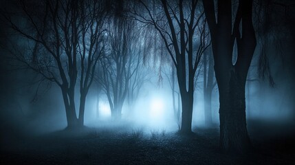 Spooky forest scene at night with eerie fog and ghostly blue lights illuminating the trees. The haunted atmosphere creates a chilling horror background perfect for Halloween or any creepy concept, wit