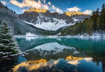Fototapeta premium stunning vibrant reflection majestic mountains serene calm lake under clear blue sky, alpine, landscape, water, nature, trees, colors, scenery, beauty