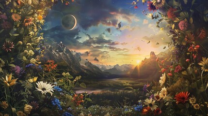 A majestic wreath adorned with a profusion of flowers and foliage, encircling a stunning painting capturing the essence of the spring equinox, with sun, moon, and mountains in harmonious display.jpg