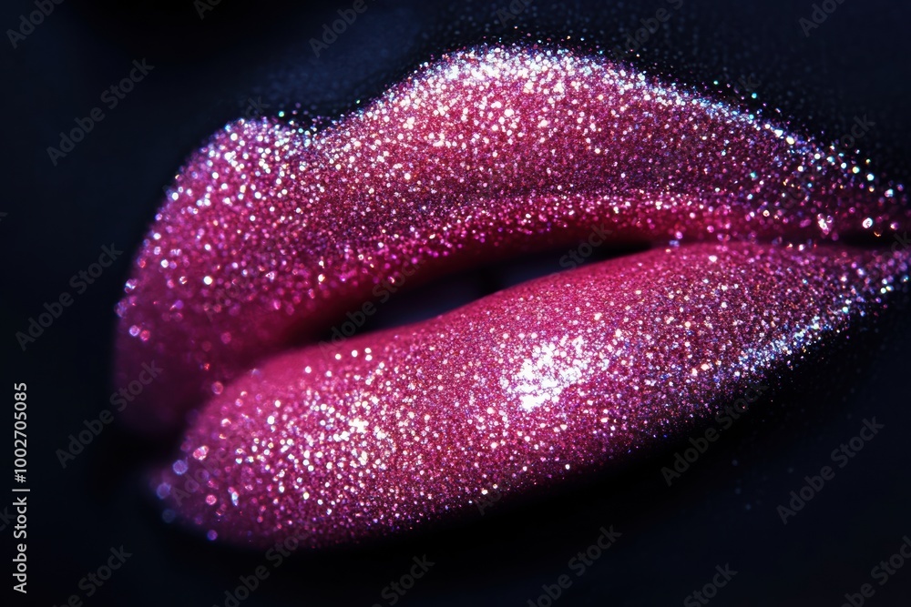Poster close-up of glossy, vibrant lips featuring a shiny glittery finish against a dark background for a s