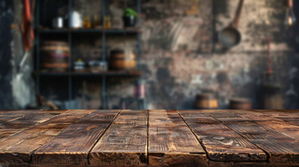 Empty wooden table top on blurred kitchen background for product display advertising, or interior design-related content