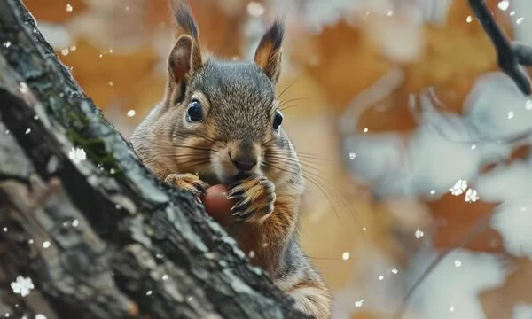 Squirrel is eating an acorn from a tree. The image has a peaceful and natural mood, with the squirrel being the main focus of the scene. hyperrealistic Video