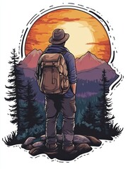 A lone hiker stands on a mountaintop, silhouetted against a vibrant sunset, with a vast forest and mountain range behind him.