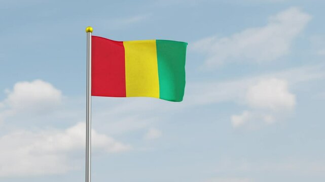 Realistic animation of the Guinea or Guinea-Conakry national flag waving with a clear sky background. Perfect for national celebrations, independence day. Guinea-Conakry flyng flag with fabric texture