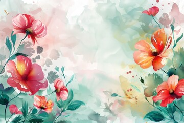 A watercolor painting of a field of flowers with a blue background