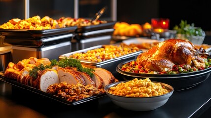 Obraz premium A Thanksgiving buffet with a wide selection of traditional dishes, including turkey, rolls, and casseroles.