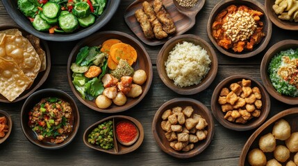 A rustic wooden table set with bowls of Sundanese delicacies, showcasing vibrant and flavorful dishes alongside traditional snacks and sides.