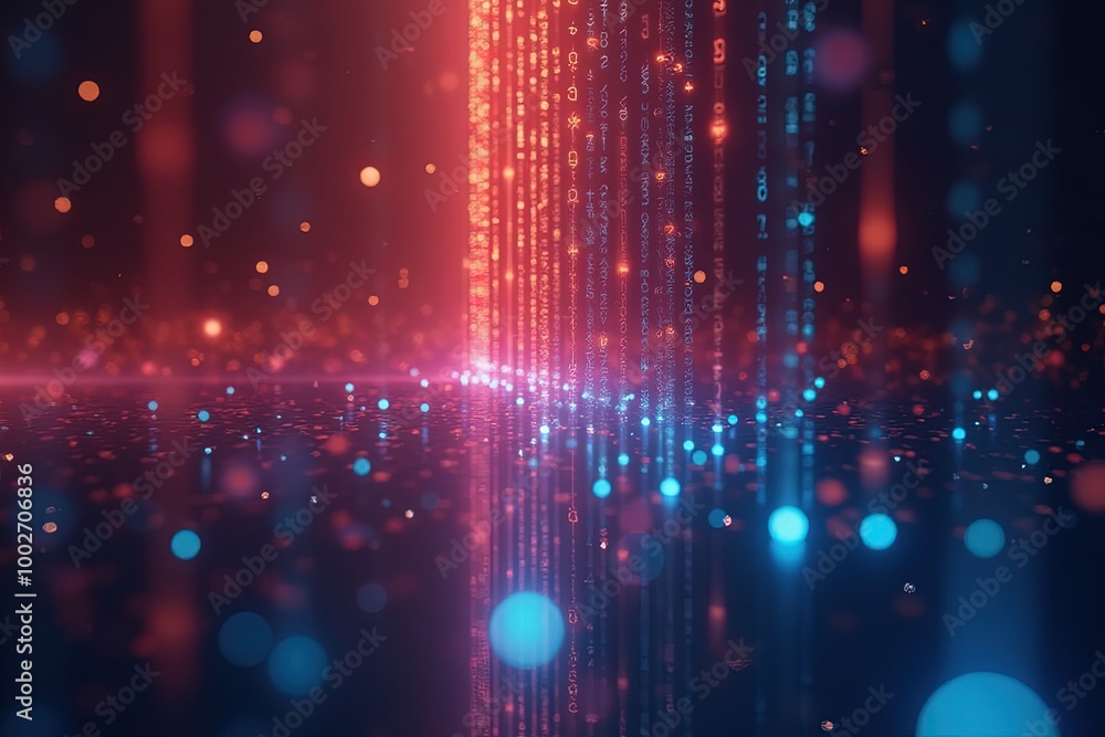 Aufkleber futuristic digital data stream in neon lights with abstract technology background.