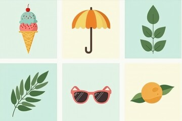Summer essentials: ice cream, umbrella, sunglasses, and nature elements design.