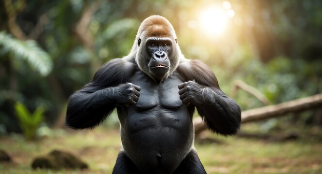 Majestic silverback gorilla thumping its chest under the warm glow of the jungle sun