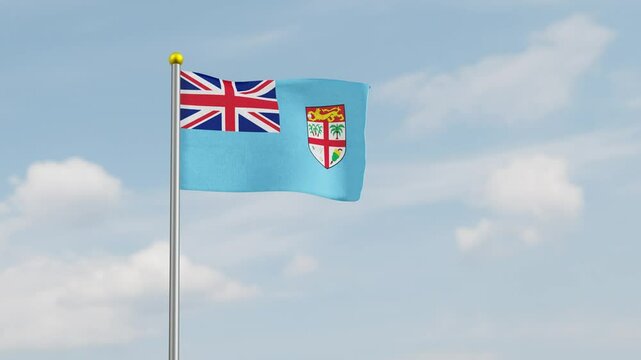 Fiji Flag Waving Animation with Realistic Fabric Texture Against Sky Background. Fiji flying flag in the wind. Fiji fluttering flag with flagpole on the sky. ideal for independence day.