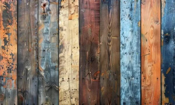 Wooden wall with many different colored boards. The colors are brown, orange, and blue. The wall is old and has a rustic feel to it. hyperrealistic Video