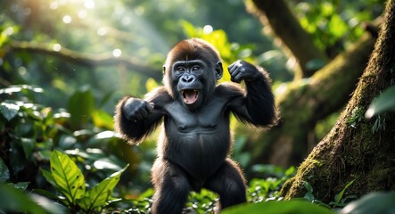 Obraz premium Playful baby gorilla banging its chest amidst dappled sunlight in a lush rainforest