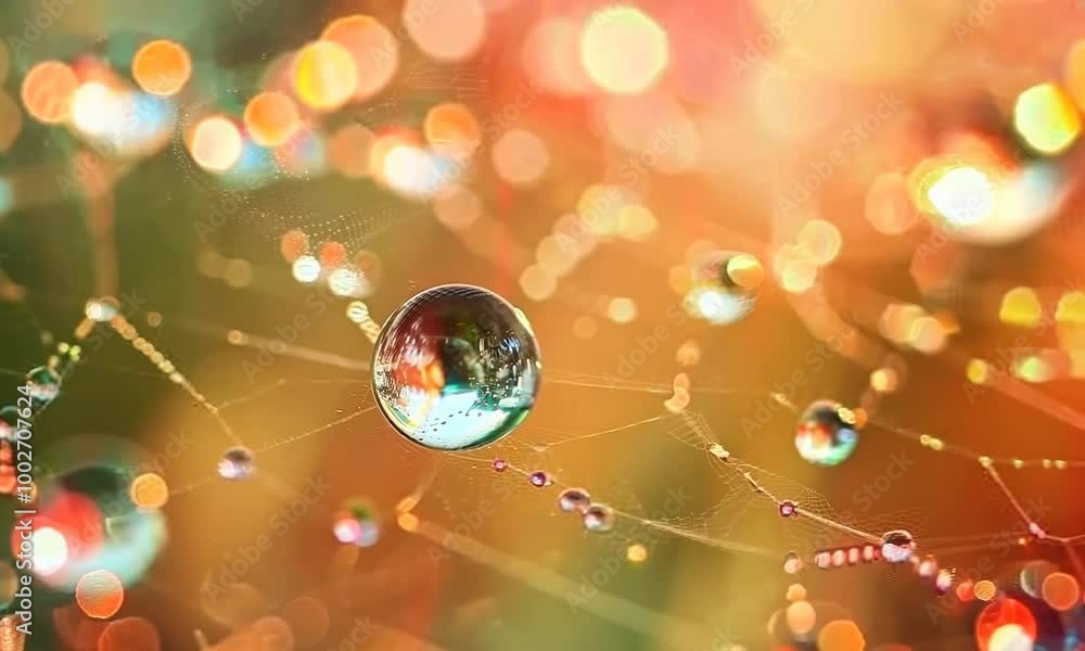 Poster close up of a spider web with water droplets on it. the water droplets are scattered throughout the 