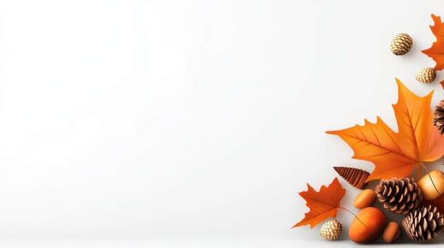Autumn-themed corner border with acorns, pinecones, and a rich variety of fall leaves clustered in the bottom left corner.