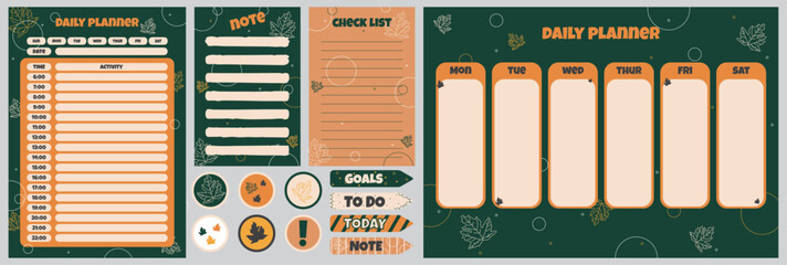 Set of daily planner page template, timetable, check list, to do list, autumn daily organizer, time menagement concept on green background with maple leaves 