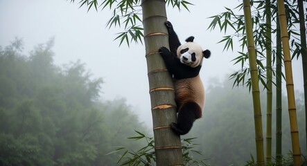 Obraz premium Playful gray panda scaling a tree surrounded by a foggy bamboo grove